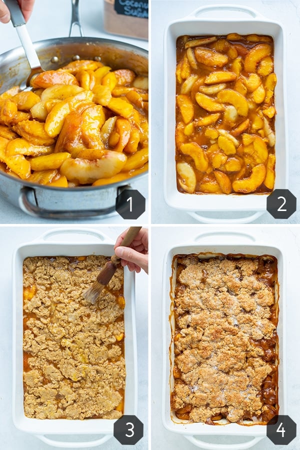 Instructional pictures for making a gluten-free peach cobbler by cooking peaches in cinnamon sugar, laying in a 9x13 pan, and covering with flakey topping and baking.