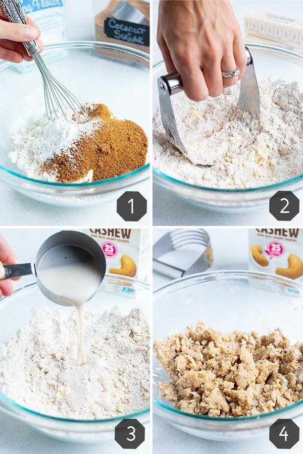 Step by step pictures for making a buttery, flakey, cake-like biscuit topping for a healthy cobbler dessert.
