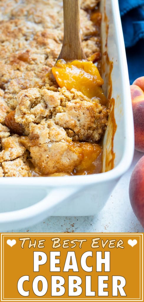 A 9x13 pan of peach cobbler is set on the counter with a few whole peaches set around it in preparation for serving.