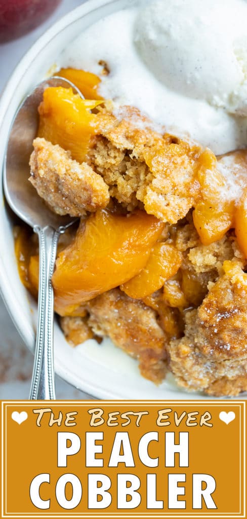 The best peach cobbler recipe is in a white bowl and served with vanilla ice cream.