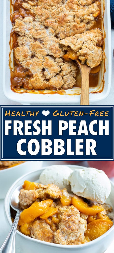 Tender peaches and a buttery topping are being served out of a baking dish for a southern peach cobbler dessert.