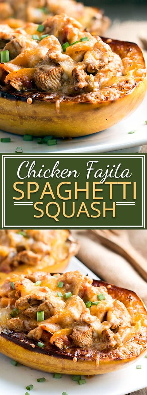 Chicken Fajita Spaghetti Squash Bowls that are full of yummy Mexican-flavored chicken and tons of veggies!  They are a great healthy, gluten-free dinner option when you are craving Mexican food.
