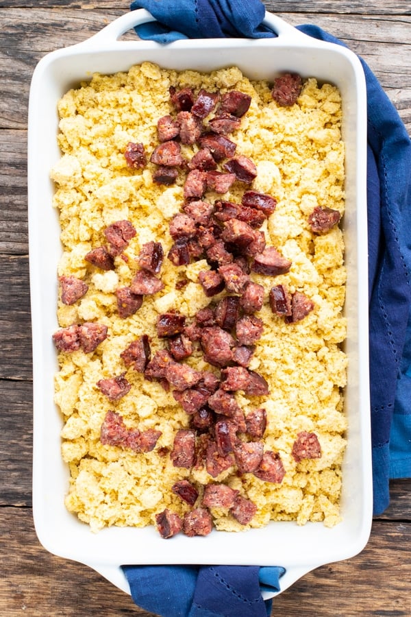 Link sausage that has been added to a Southern cornbread dressing recipe.