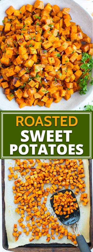 Easy Oven Roasted Sweet Potato Cubes | Roasted sweet potato cubes are a quick, easy, and healthy way to make sweet potatoes in the oven!  This roasted sweet potatoes recipe makes perfectly crispy cubes every time and is a gluten-free, dairy-free, vegan, vegetarian, and Whole30 side dish.