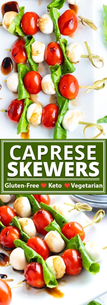 Caprese Skewers with balsamic glaze are an easy, make-ahead holiday appetizer recipe the whole crowd will enjoy!  Simply layer up mozzarella pearls, cherry tomatoes, and fresh basil leaves onto a few wooden skewers for an elegant and tasty gluten-free, low-carb, vegetarian, and keto caprese salad snack!