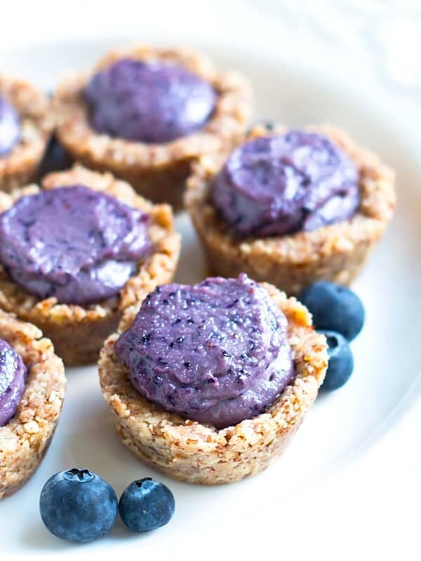 Gluten-free Healthy Blueberry Tarts on a white plate for a healthy treat.