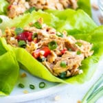 Chicken lettuce wraps with an Asian peanut sauce on a white plate next to green onions.