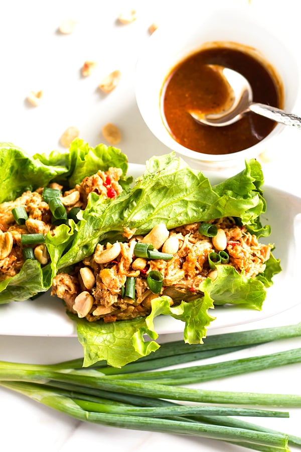 Peanut Asian Chicken Lettuce Wraps are a healthy gluten-free, low-carb and Paleo lunch or dinner recipe that does not require any cooking to whip up!