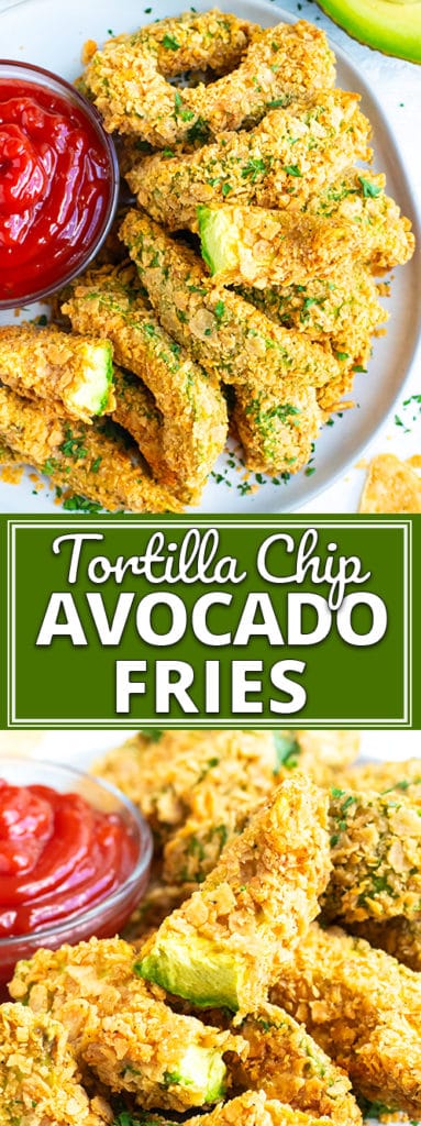 Healthy Baked Avocado Fries | Learn how to make Avocado Fries that are coated in a delightful tortilla chip crust and then baked in the oven for a healthy, gluten-free and dairy-free side dish or appetizer!  This avocado fries recipe will give you a perfectly crispy coating and a soft avocado-filled center. #evolvingtable #avocado #fries #glutenfree