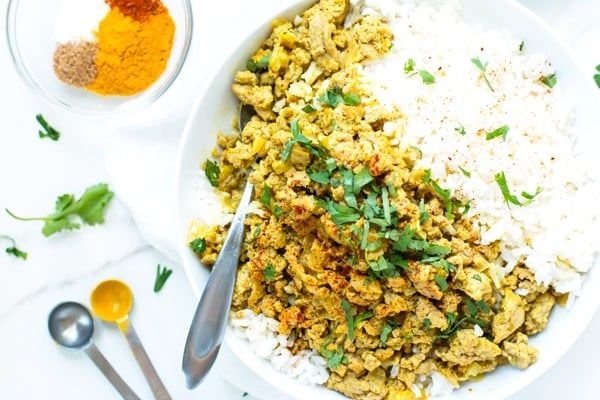 An overhead picture of gluten-free Ground Turkey Curry for an easy and healthy dinner.