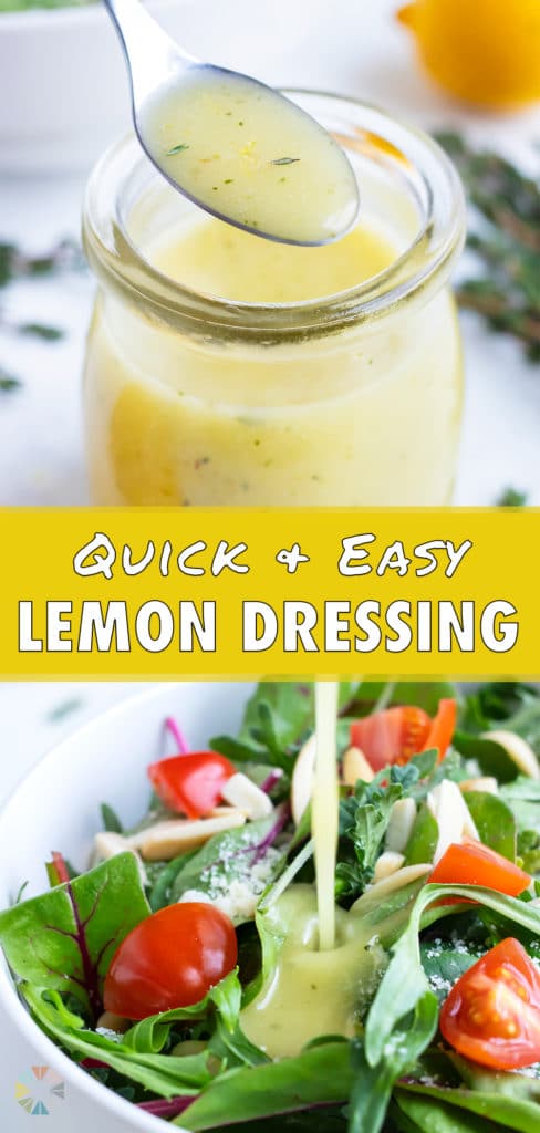 Lemon dressing is pour on a salad.