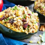 Ground turkey stuffed acorn squash with pecans, sage, pumpkin seeds, and apple.