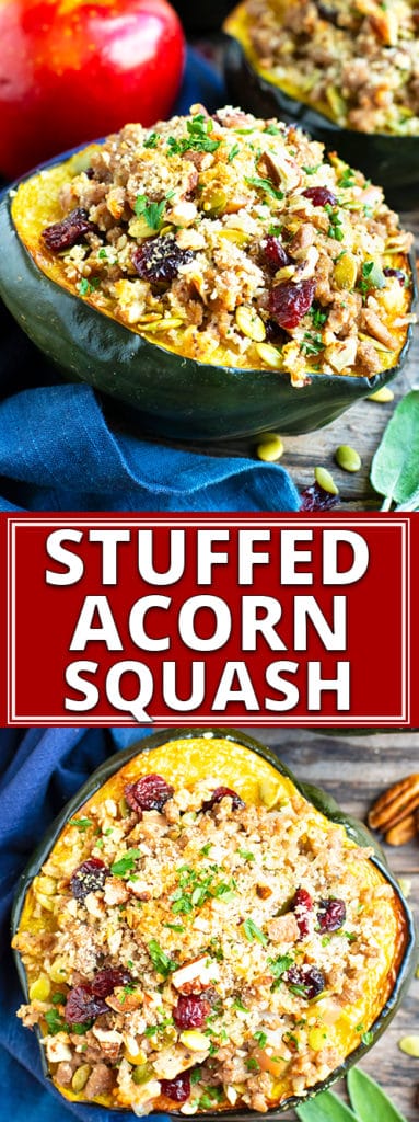 Stuffed acorn squash is an elegant and easy gluten-free recipe that is full of cranberries, pecans, apples and ground turkey.  This healthy stuffed acorn squash recipe is perfect for Fall & Winter dinners or get-togethers!