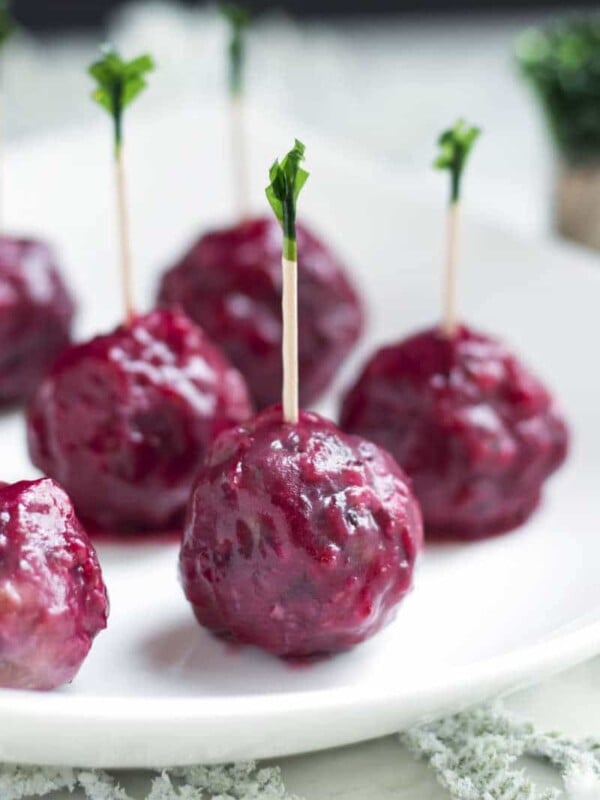Cranberry-Sage Mini Meatballs | A holiday meatball recipe made of beef or turkey and covered in a homemade cranberry sauce.