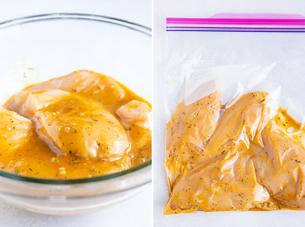 Marinading chicken in a clear glass bowl full of a honey mustard sauce and in a Ziploc bag.