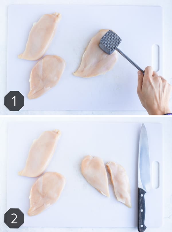 Pounding chicken to 1-inch thick and cutting into similarly sized portions.