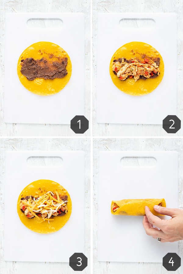 A collage of images showing how to roll taquitos with a chicken and cheese filling.
