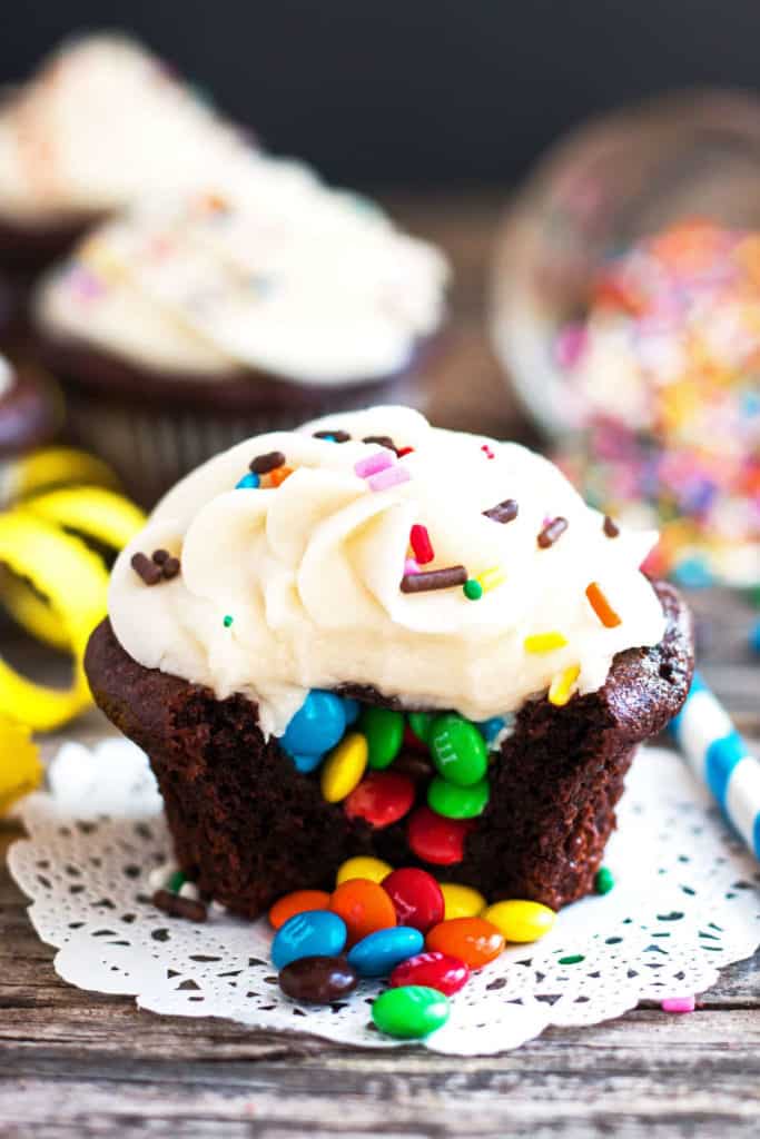 Surprise M&M Cupcakes | A gluten free cupcake recipe.