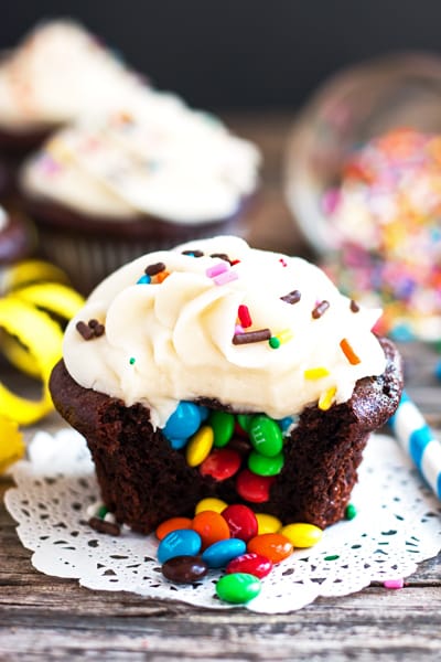 Surprise M&M Chocolate Cupcakes
