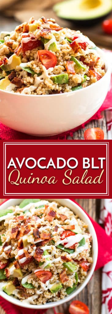 Avocado BLT Quinoa Salad recipe is full of avocado, bacon, tomatoes, spinach and Ranch dressing. It is an easy, gluten-free lunch, dinner, or potluck dish recipe.