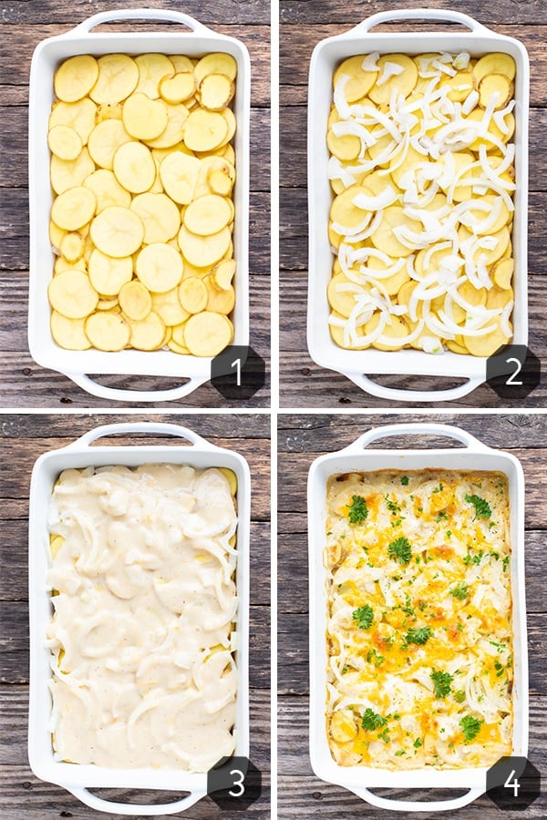 Step-by-step photos showing how to make a homemade scalloped potatoes recipe in a white baking dish.