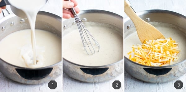 Three photos demonstrating how to make a cheesy cream sauce.