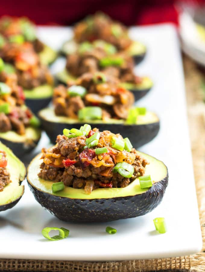 Beef Taco Stuffed Avocados | A gluten free dinner recipe for avocados stuffed with taco filling.