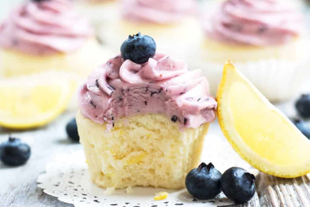 Fresh Lemon Cupcakes with Blueberry Frosting | A gluten free fresh lemon cupcake recipe.