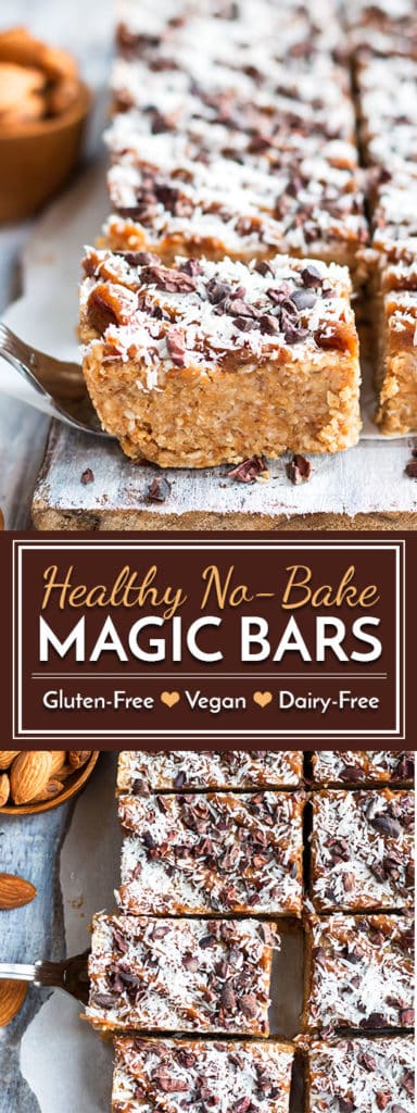 A healthy, gluten-free and vegan recipe for no bake magic bars that is full of nuts, coconut, cacao nibs and natural sweeteners.