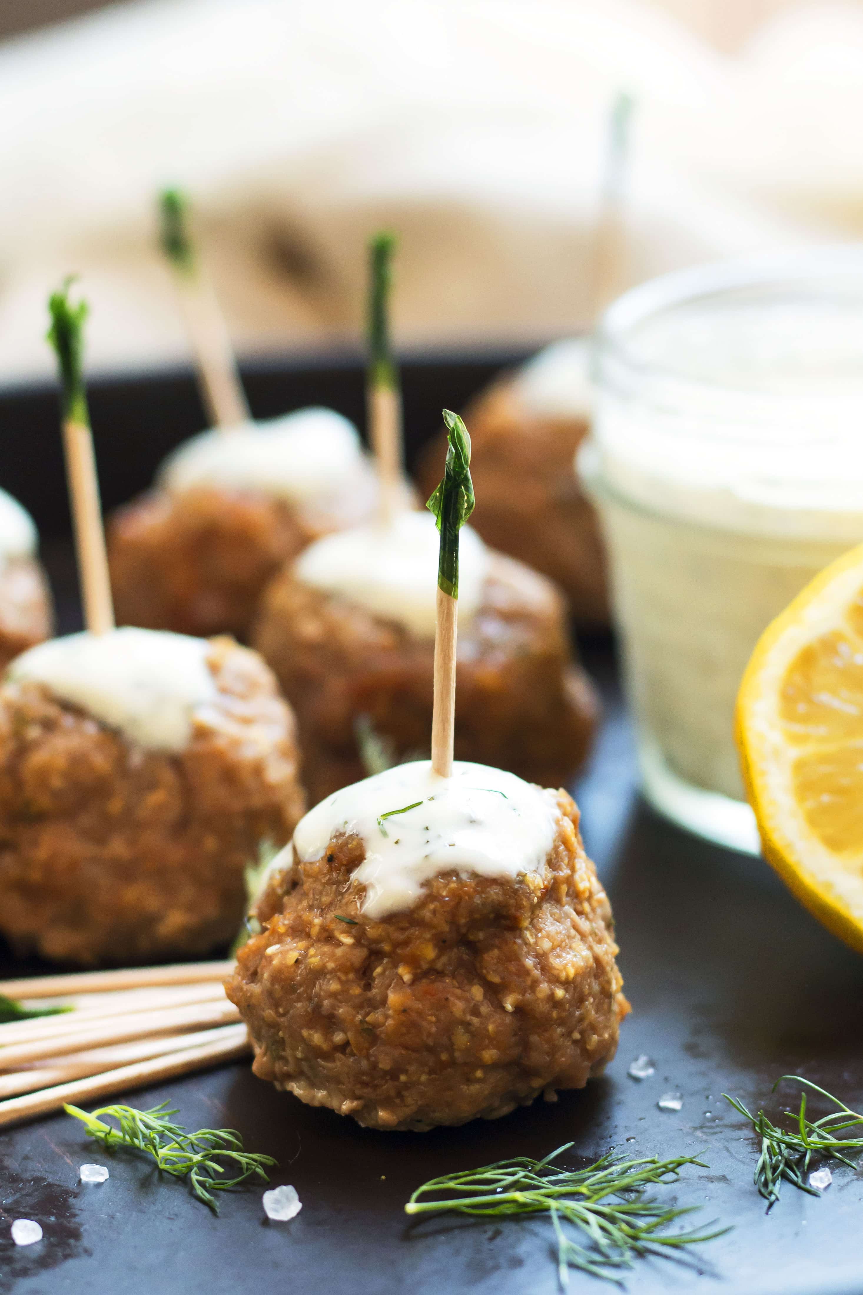 Mediterranean Turkey Meatballs w/ Lemon Dill Yogurt Sauce