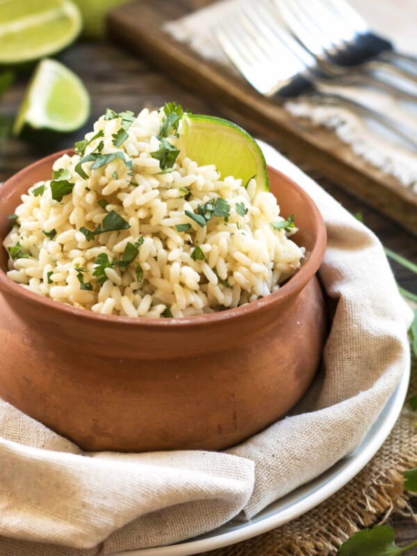 A bowl with gluten-free cilantro lime brown rice with coconut for an easy dinner.