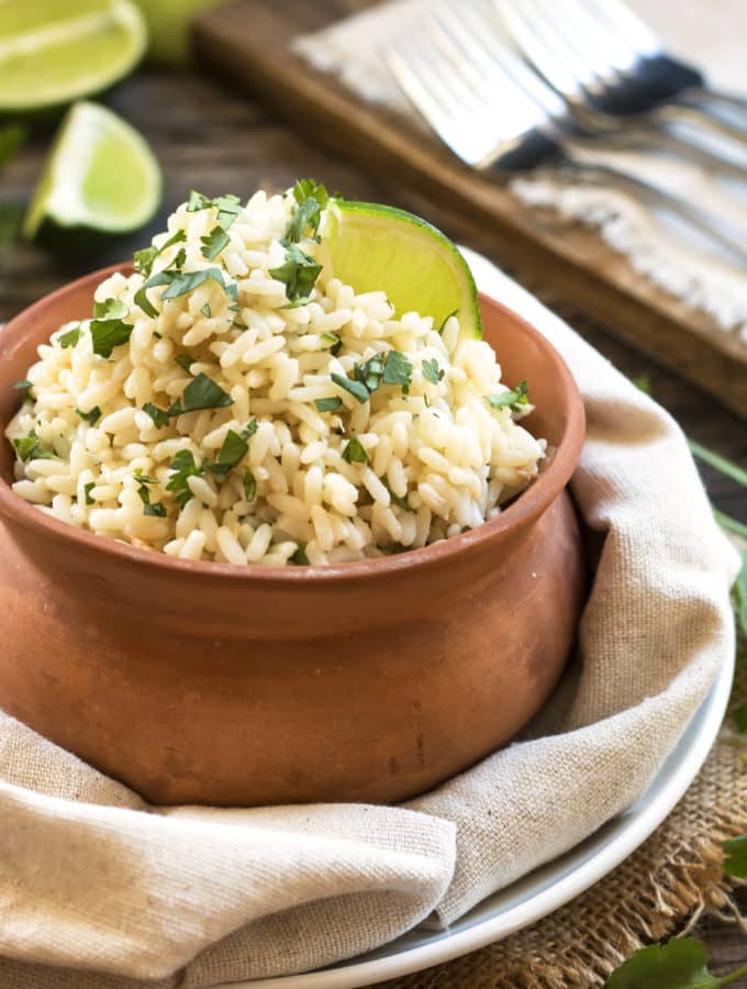A bowl with gluten-free cilantro lime brown rice with coconut for an easy dinner.