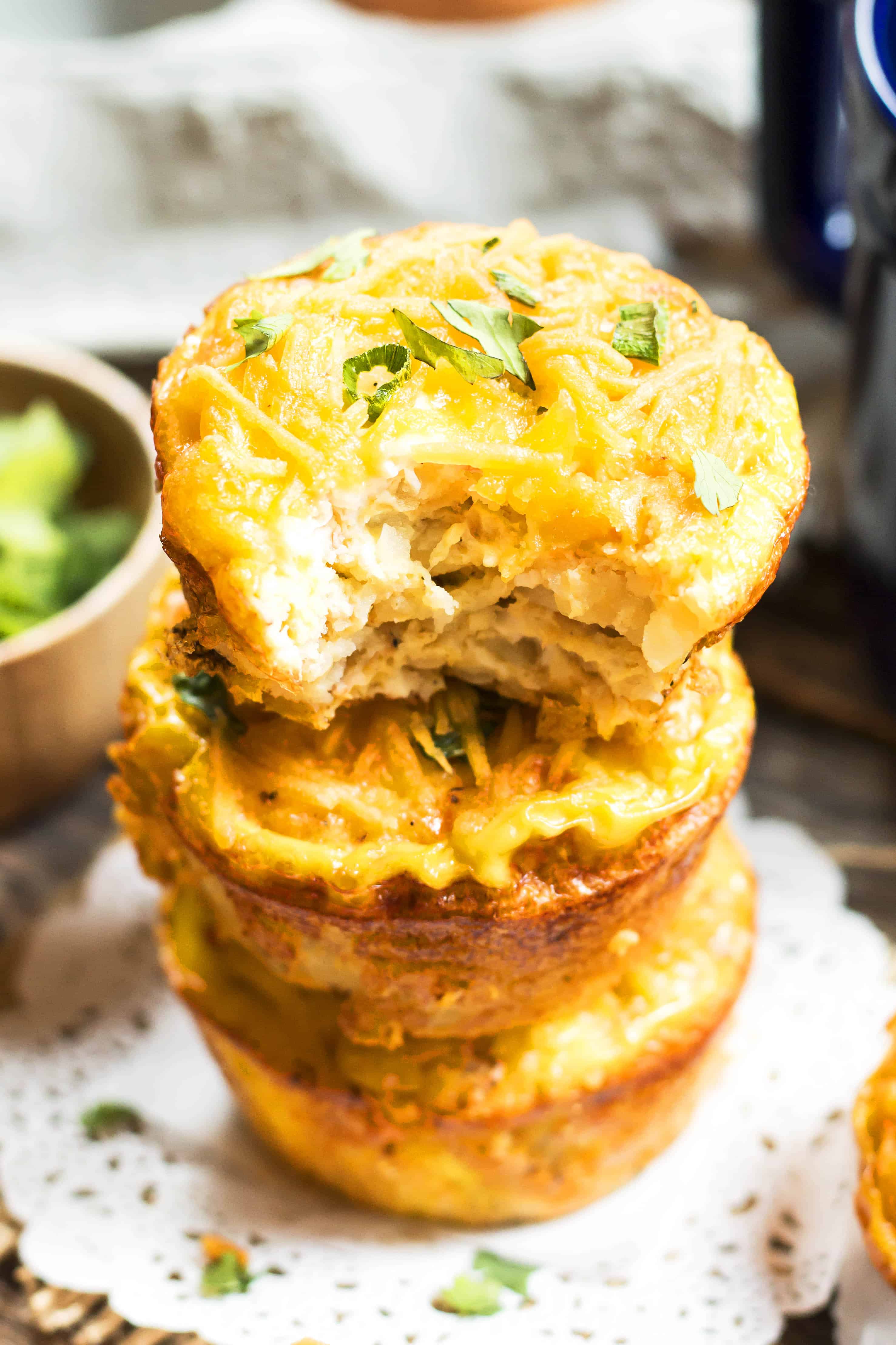 A make-ahead breakfast egg and hash brown muffin recipe that is seasoned with salsa and is gluten free.
