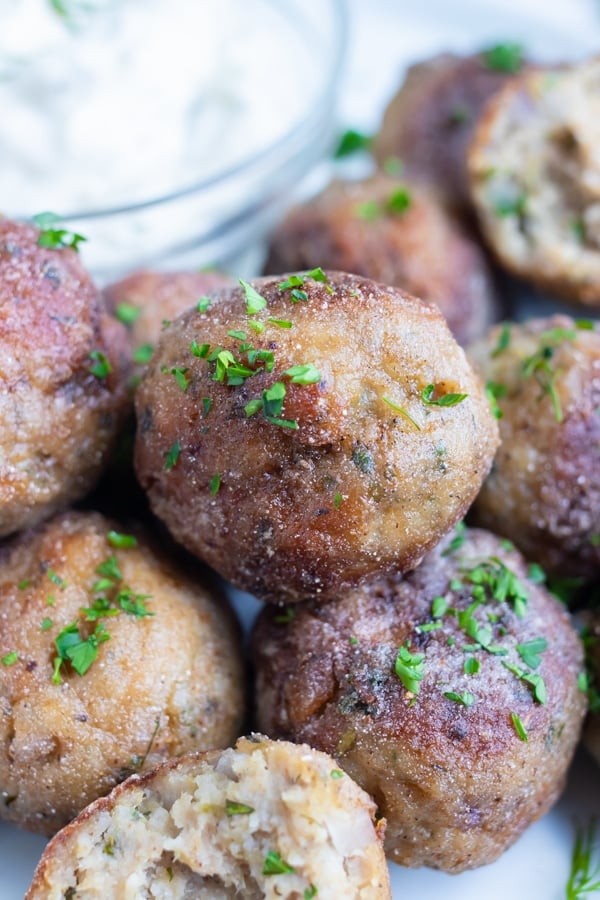 Low-carb, healthy meatballs are a quick and easy dinner or appetizer packed with mediterranean flavor.