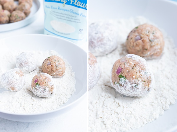Roll meatballs in gluten-free flour in this easy ground turkey meatball recipe.