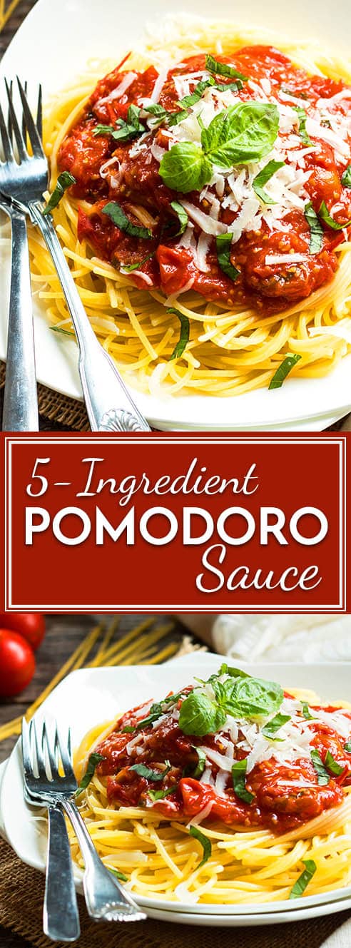 A quick and easy homemade Pomodoro sauce recipe that makes an easy weeknight dinner. This homemade spaghetti sauce is made with fresh tomatoes, basil and garlic.