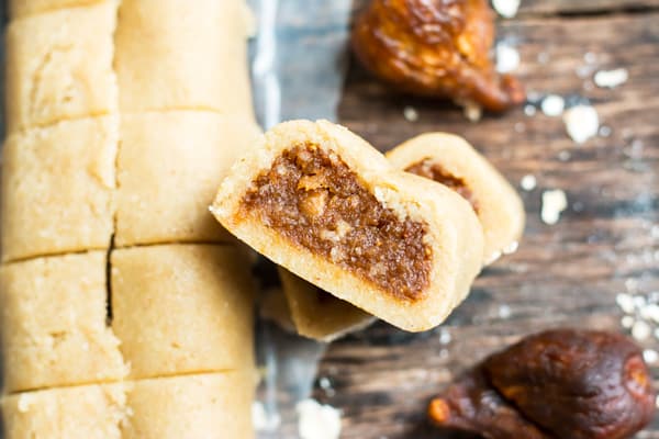 The side of a sliced gluten-free fig newton ready to eat for dessert.