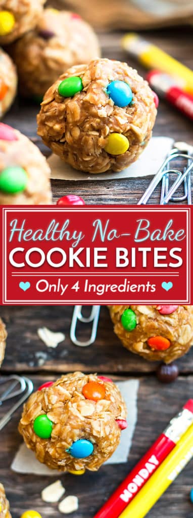 4-Ingredient Healthy No-Bake Monster Cookie Bites | A recipe for healthy cookie bites that is gluten-free, vegan and only take 10 minutes to make. These tiny bites of bliss make a great kid-friendly afternoon snack or dessert.