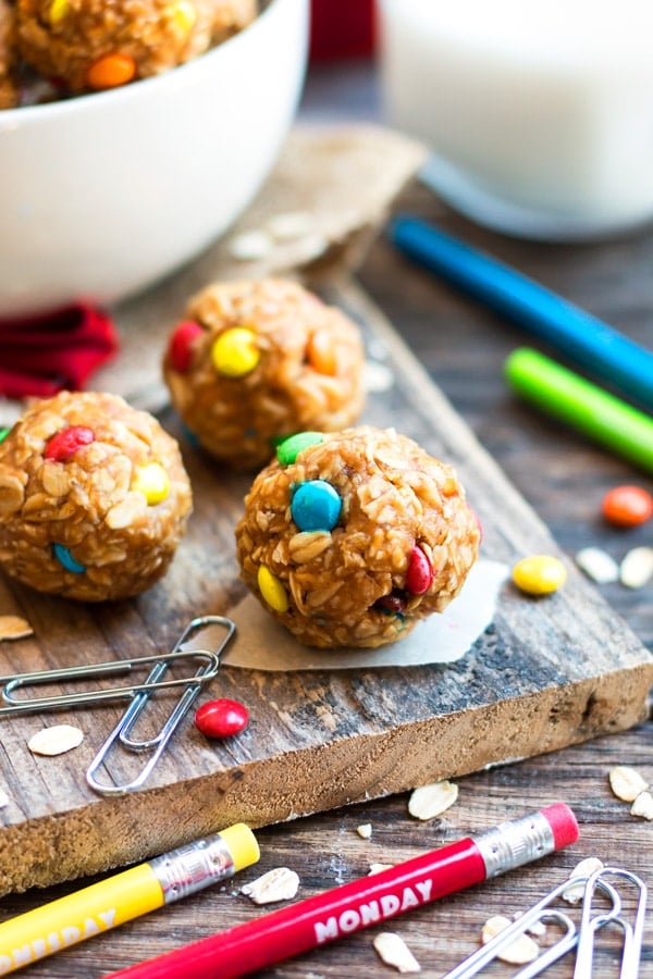 4-Ingredient Healthy Monster Cookie Bites | A recipe for healthy monster cookie bites that is gluten-free, vegan and only take 10 minutes to make. These tiny bites of bliss make a great kid-friendly afternoon snack or dessert.