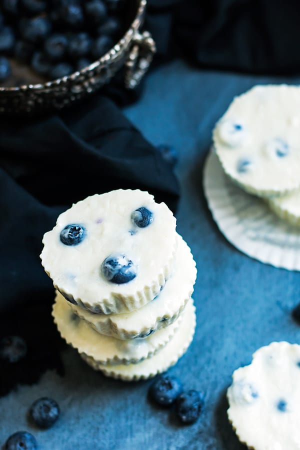 Gluten-free Greek yogurt bites made with lemon and blueberries in a stack.