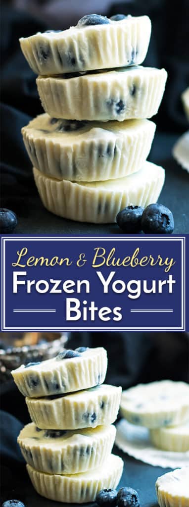 A healthy afternoon snack or dessert recipe for frozen Greek yogurt bites. Lemon and blueberry flavors combine to make them a super fresh and fruity gluten-free treat!