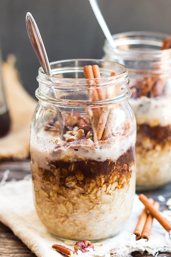 A jar of healthy overnight oats made with maple and brown sugar for a quick breakfast in the morning.