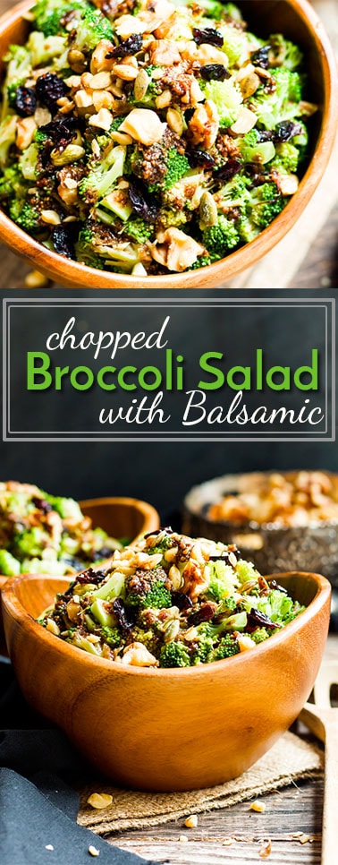 Chopped Broccoli Salad with Balsamic, Walnuts and Cranberries | A healthy, gluten free side dish for broccoli salad that is tossed in a savory-sweet balsamic vinaigrette glaze and topped with pumpkin seeds, cranberries and walnuts.