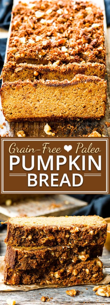 Coconut Flour Pumpkin Bread with Crumb Topping | A gluten free, dairy free and paleo pumpkin bread recipe that is made with maple syrup, coconut flour and fresh pumpkin puree! A yummy Fall and Winter dessert or breakfast recipe.