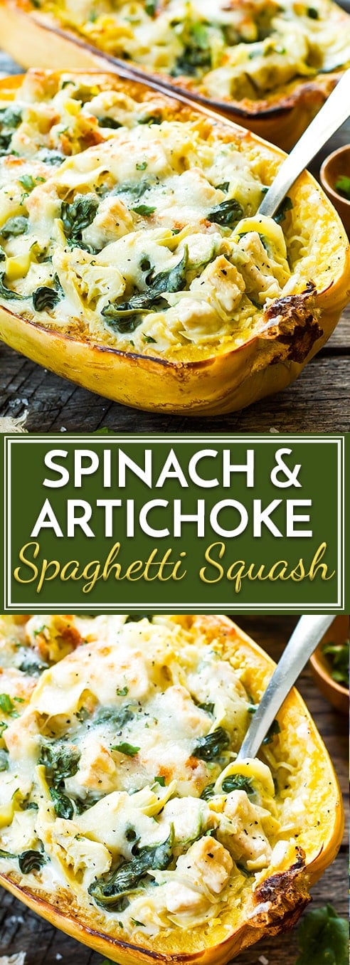 Spinach Artichoke Spaghetti Squash Boats with Chicken | Low-Carb