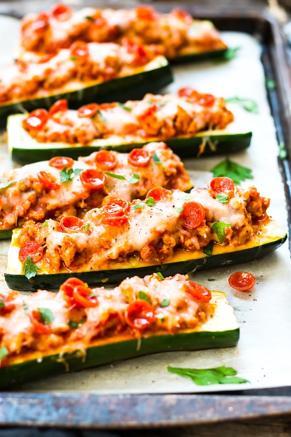 A row of sliced zucchini using an Italian Zucchini Boat recipe for a quick dinner.