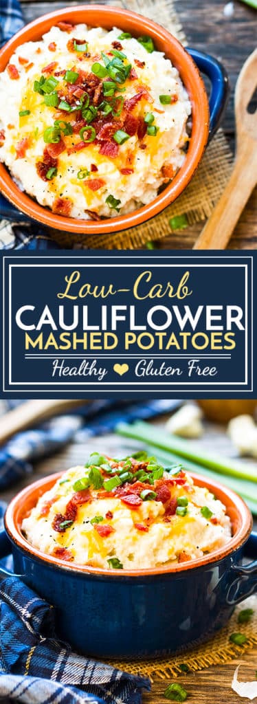 Loaded Cauliflower Mashed Potatoes | Cauliflower mashed potatoes that are loaded with butter, sour cream, cheese, bacon crumbles and green onions. A healthier, low-carb and gluten-free side dish to replace traditional mashed potatoes!