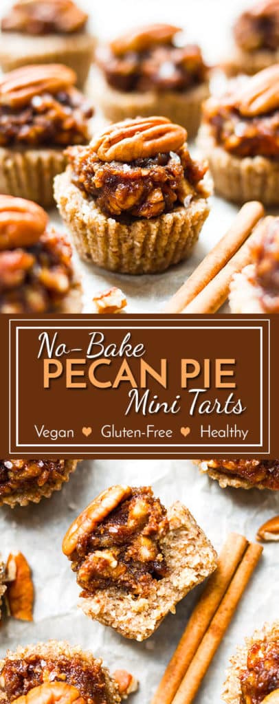 No Bake Pecan Pie Mini Tarts | A healthy vegan and gluten free pecan pie mini tart recipe that is refined sugar free. It makes for a healthy Thanksgiving dessert or holiday dessert.