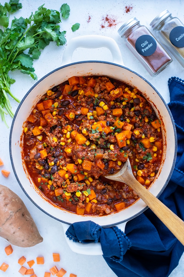 Make the best turkey chili in a dutch oven pot.