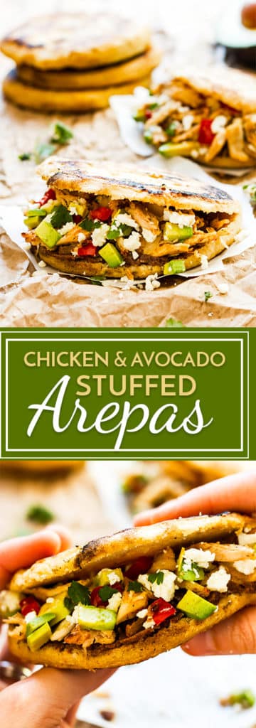 Chicken & Avocado Stuffed Arepas | This classic Venezuelan sandwich is made from instant corn flour, filled with chicken, avocado and veggies for the ultimate gluten free sandwich alternative!